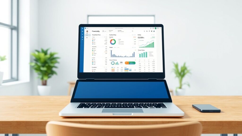 Een open laptop toont een georganiseerde financiële planningssoftware-interface in een modern kantoor.