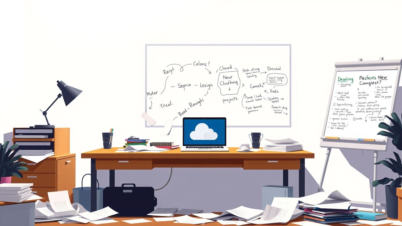 Een rommelig kantoor met een laptop, papieren en een whiteboard. Een rommelig kantoor met een laptop, papieren en een whiteboard.