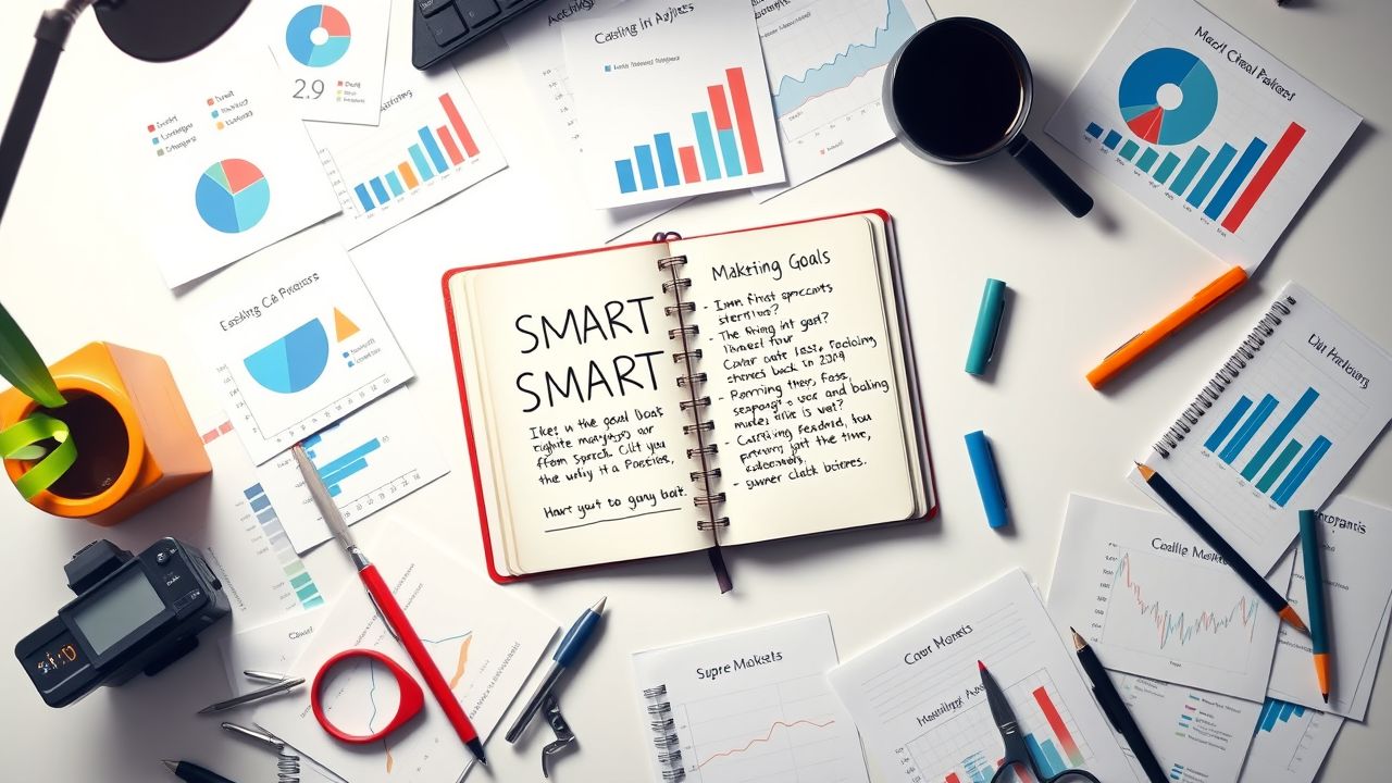 Een rommelig bureau met digitale marketingtools en SMART-doelen.