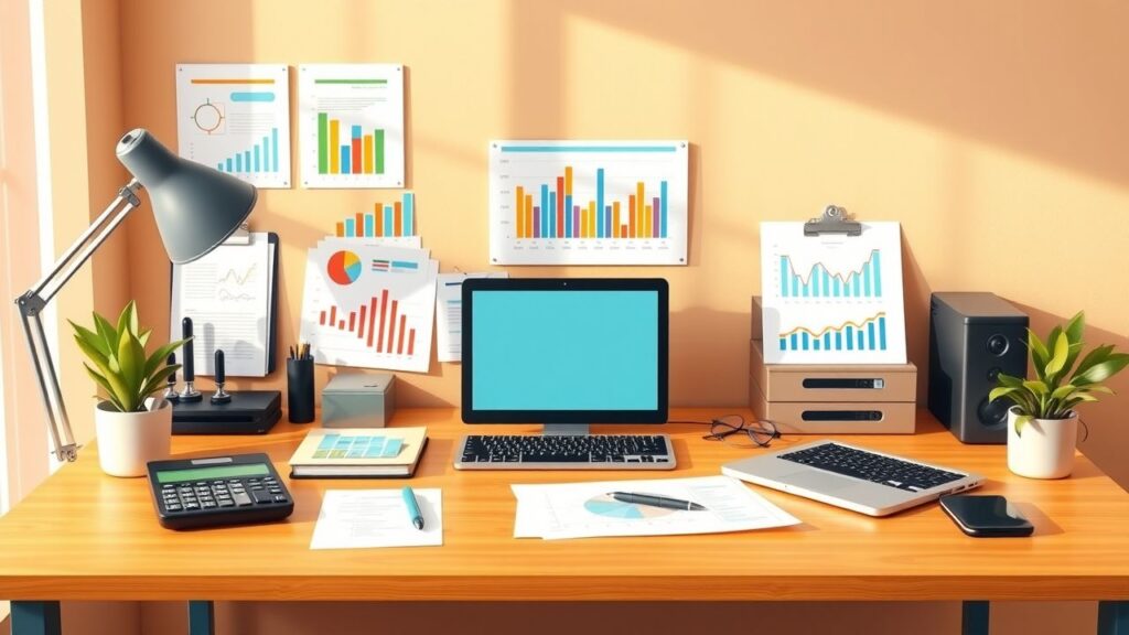 Een georganiseerde thuiskantoor met financiële planning tools en laptop.