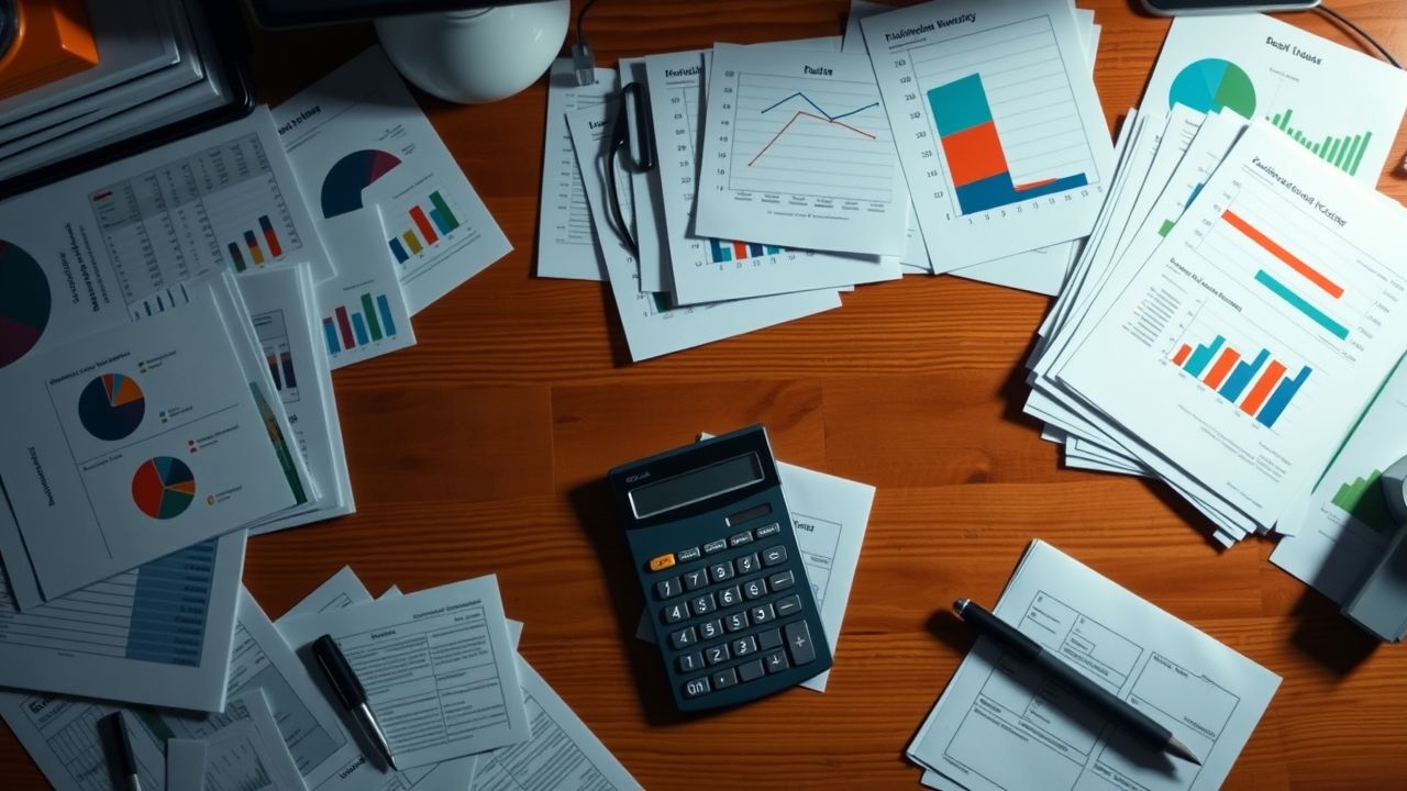 Een rommelig bureau met financiële documenten en een rekenmachine.