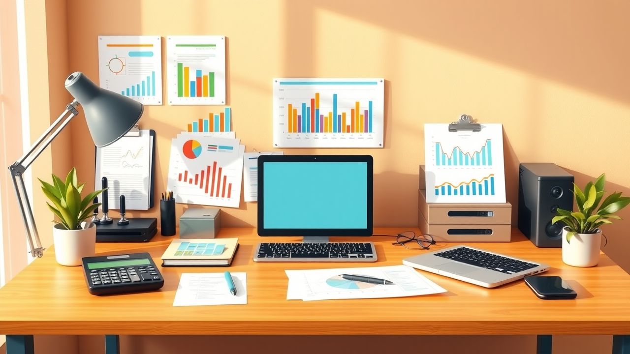 Een georganiseerde thuiskantoor met financiële planning tools en laptop.