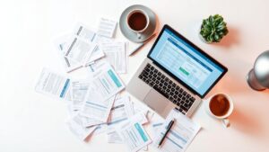 Een rommelig bureau met financiële documenten en NaviPlan-software op een laptop.