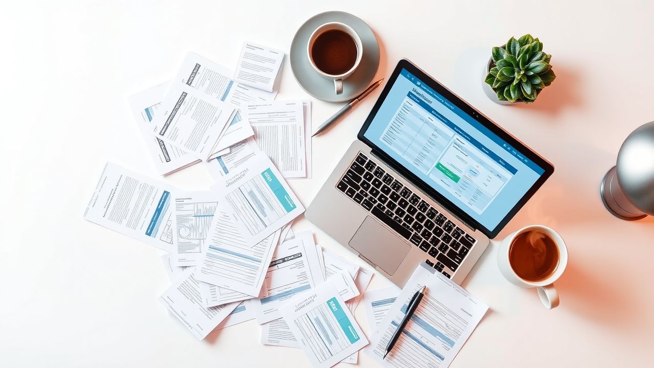 Een rommelig bureau met financiële documenten en NaviPlan-software op een laptop.