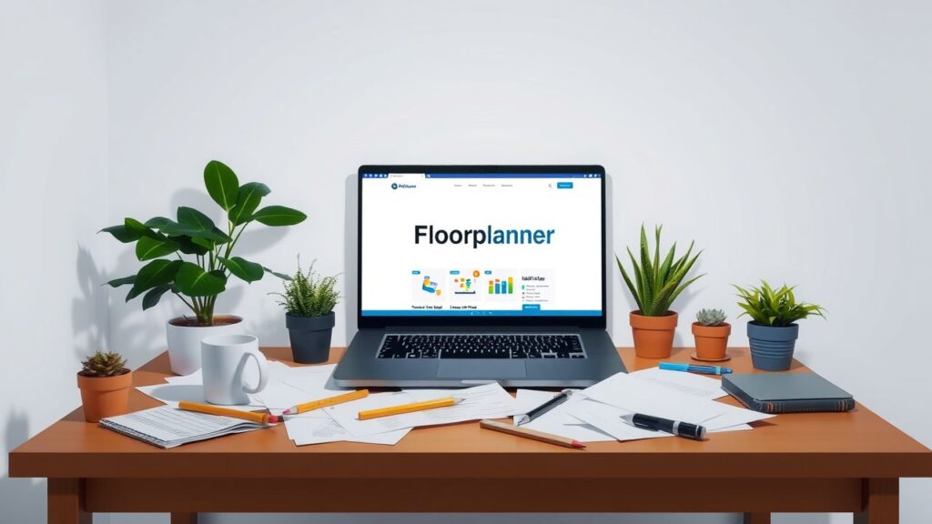 Een rommelig bureau met laptop, planten en koffiemok.