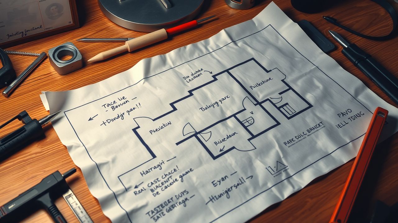 Een versleten blauwdruk van een huis op een bureau met gereedschap. Een versleten blauwdruk van een huis op een bureau met gereedschap.