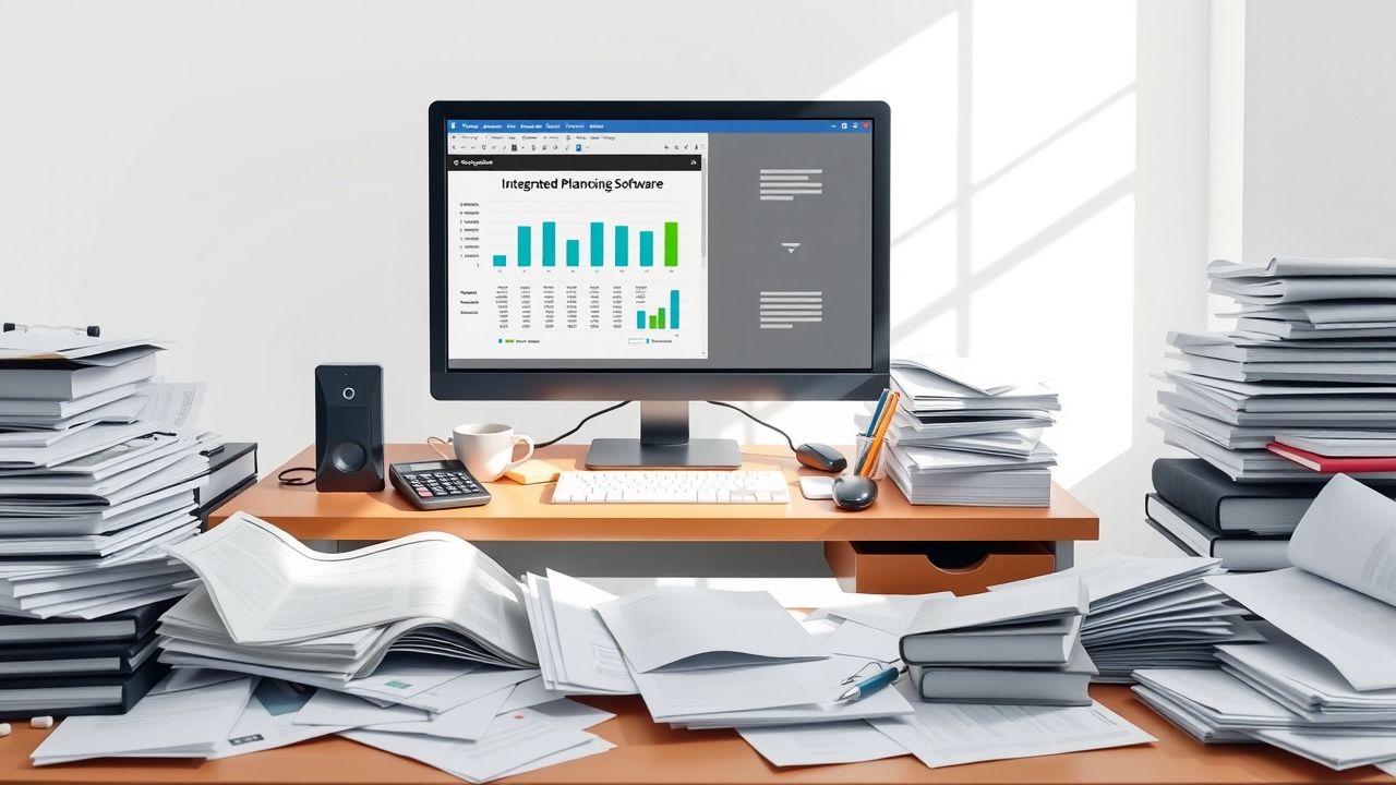 Een rommelig kantoor met financiële documenten en computer.