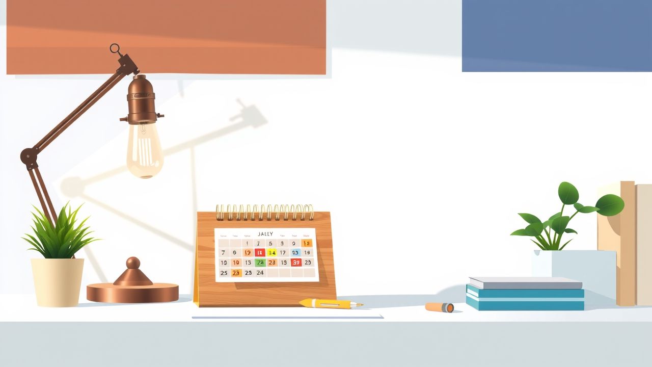 Een gezellige werkruimte met een houten bureaukalender, pen en planten. Een gezellige werkruimte met een houten bureaukalender, pen en planten.