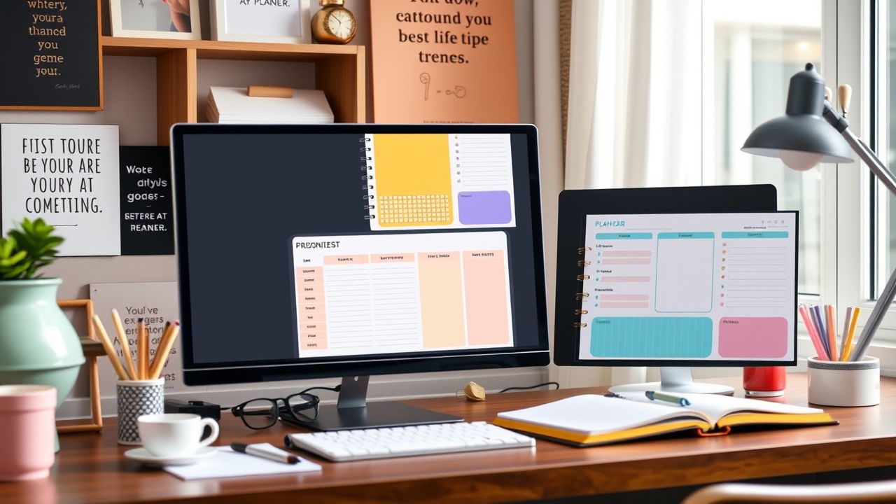Een goed georganiseerde planner en werkruimte in een gezellig thuiskantoor.