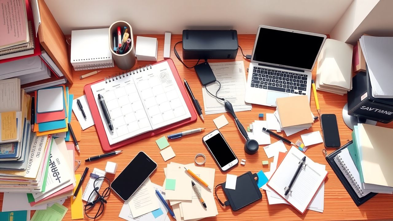 Een rommelig bureau met georganiseerde planning en digitale apparaten. Een rommelig bureau met georganiseerde planning en digitale apparaten.