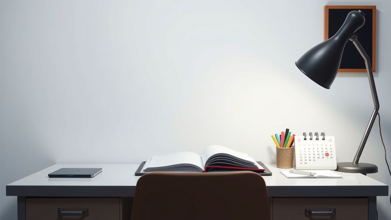 Een opgeruimd bureau met notitieboek, pennen en kalender.