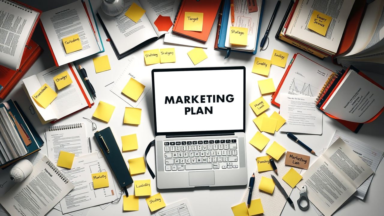 Een rommelig bureau met marketingmateriaal en een open laptop.