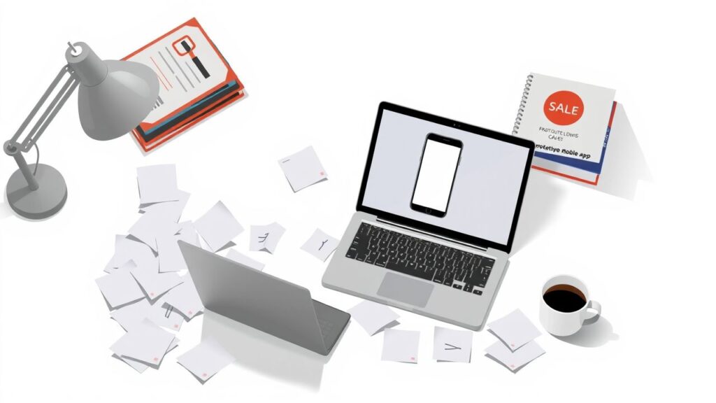 Een rommelig bureau met laptop, papieren, boeken en koffie.