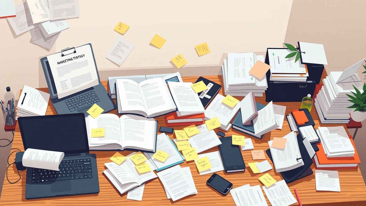 Een rommelig kantoor met marketingboeken, digitale apparaten en notities.