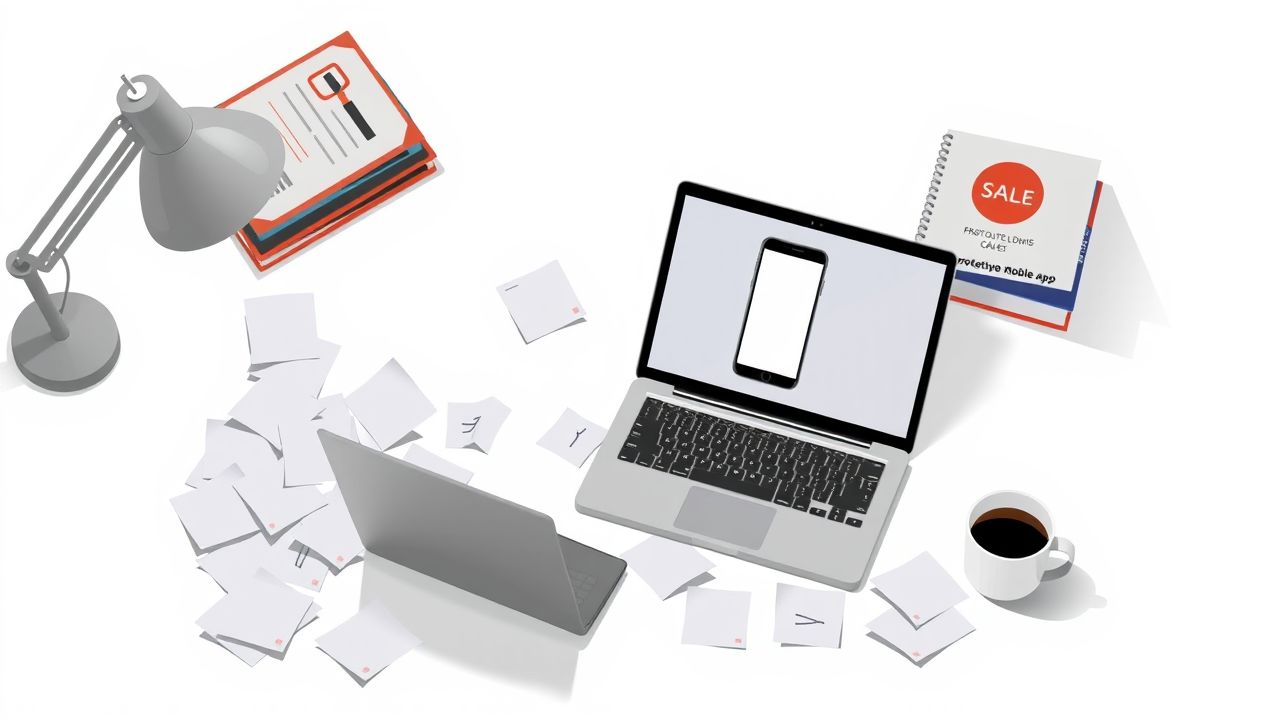 Een rommelig bureau met laptop, papieren, boeken en koffie.