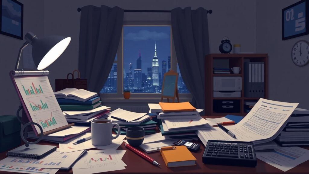 Een rommelig bureau met financiële planningstools en een koffiekopje, met een nachtelijke stadsgezicht op de achtergrond, straalt de hectiek en vastberadenheid uit van late-night financiële analyses.