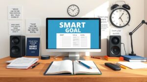 Een rommelig bureau met notitieboekje, computer en motivatiequotes.