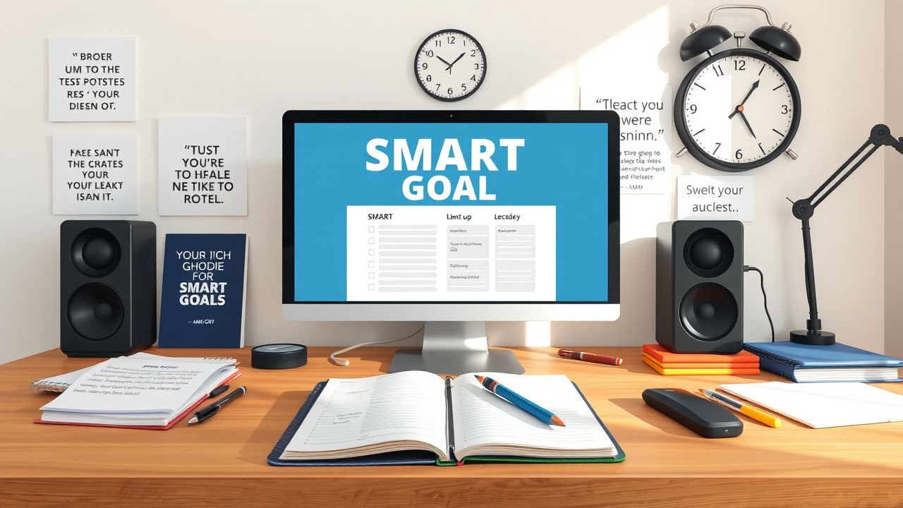 Een rommelig bureau met notitieboekje, computer en motivatiequotes.