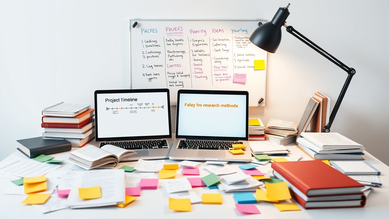 Een rommelig bureau met papers, boeken en een open laptop.