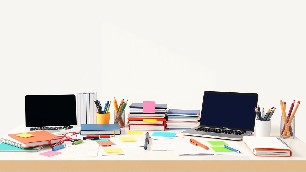 Een rommelig bureau met projectplanningstools en een laptop.