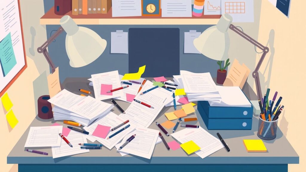 Een rommelig bureau in een knusse werkruimte met plannerpagina's, pennen en notitieblokjes.