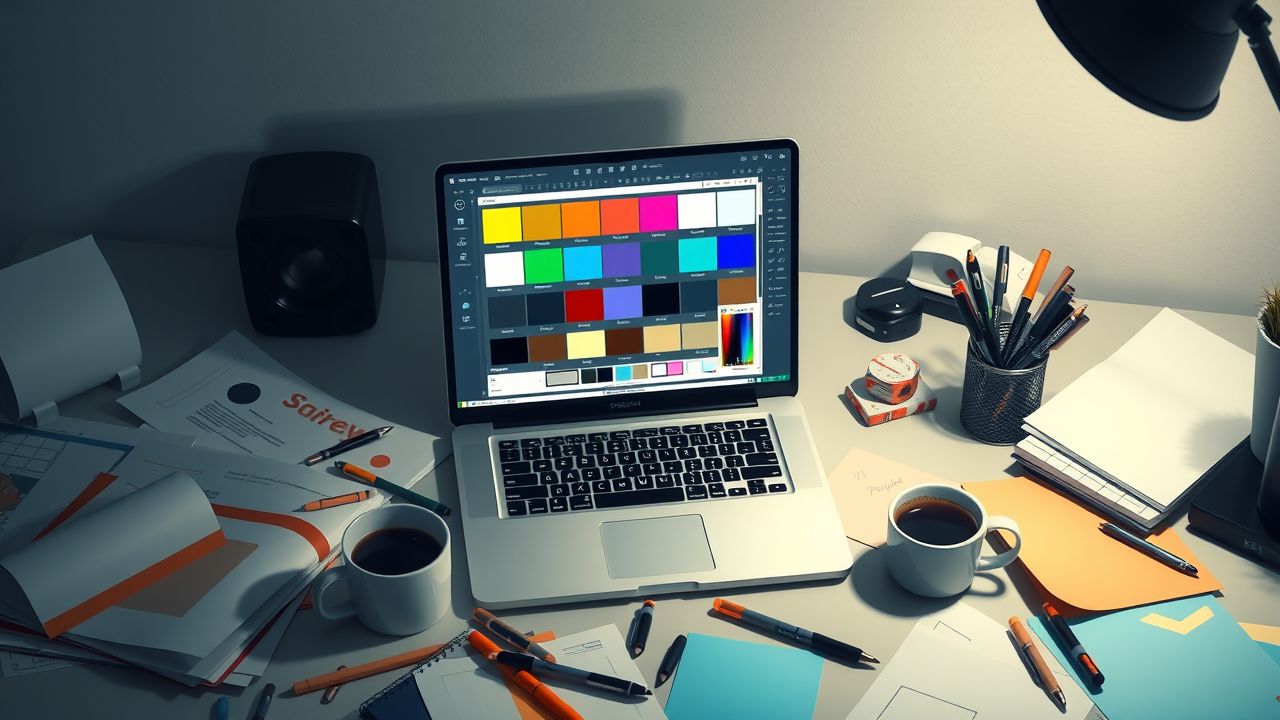 Een rommelig bureau met een open laptop en creatieve materialen.