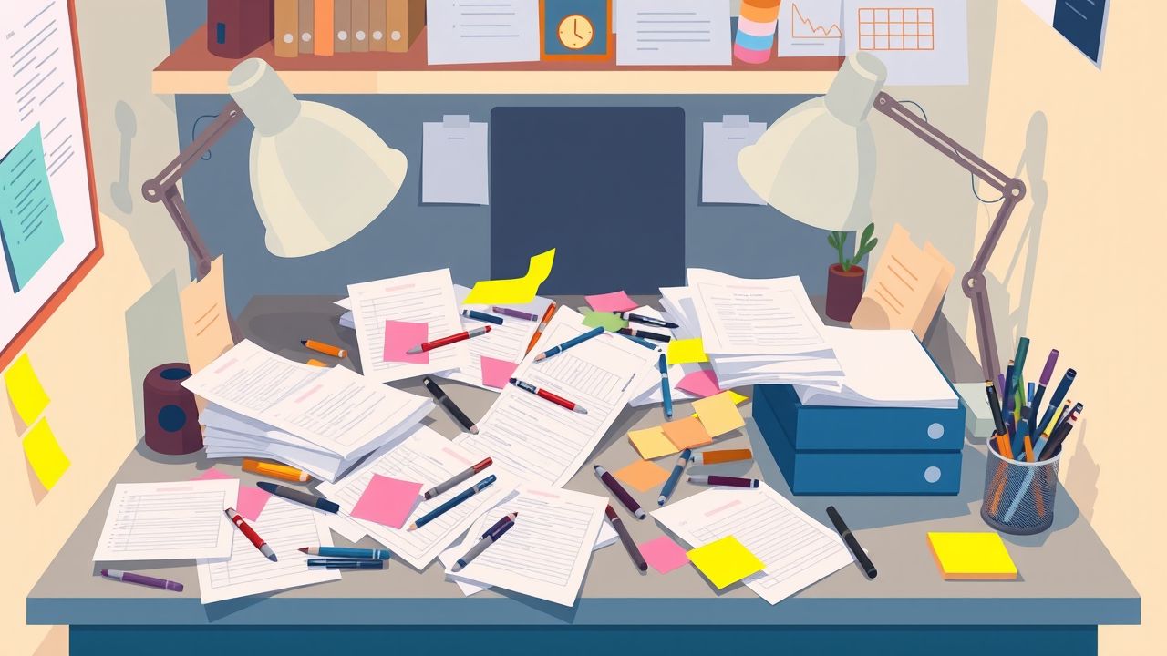 Een rommelig bureau in een knusse werkruimte met plannerpagina's, pennen en notitieblokjes.