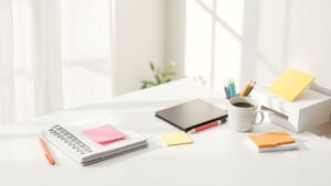 Een opgeruimd en georganiseerd thuiskantoor met een wit bureau.