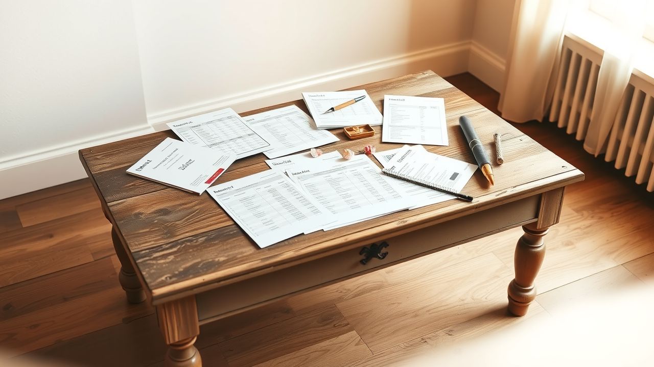 Een houten tafel met trouwplanningmaterialen in een gezellige woonkamer.