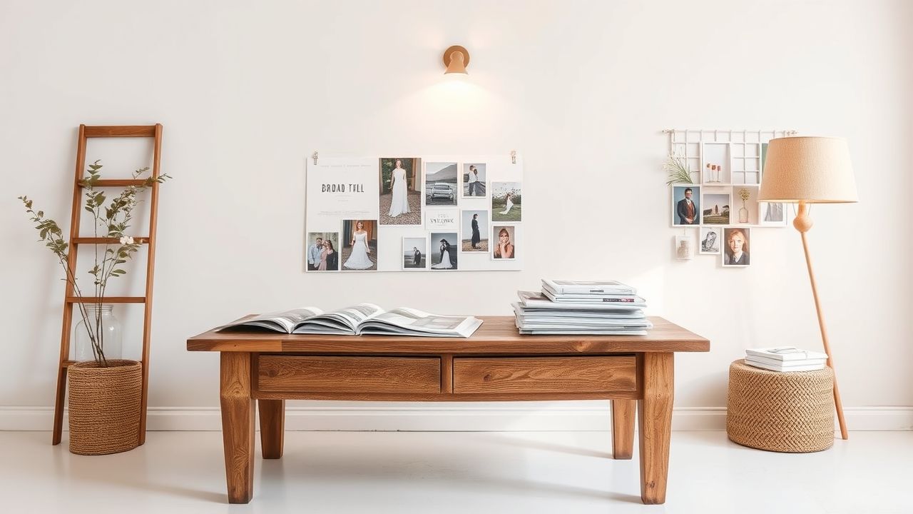 Een rommelige tafel vol inspiratie voor een bruiloft.