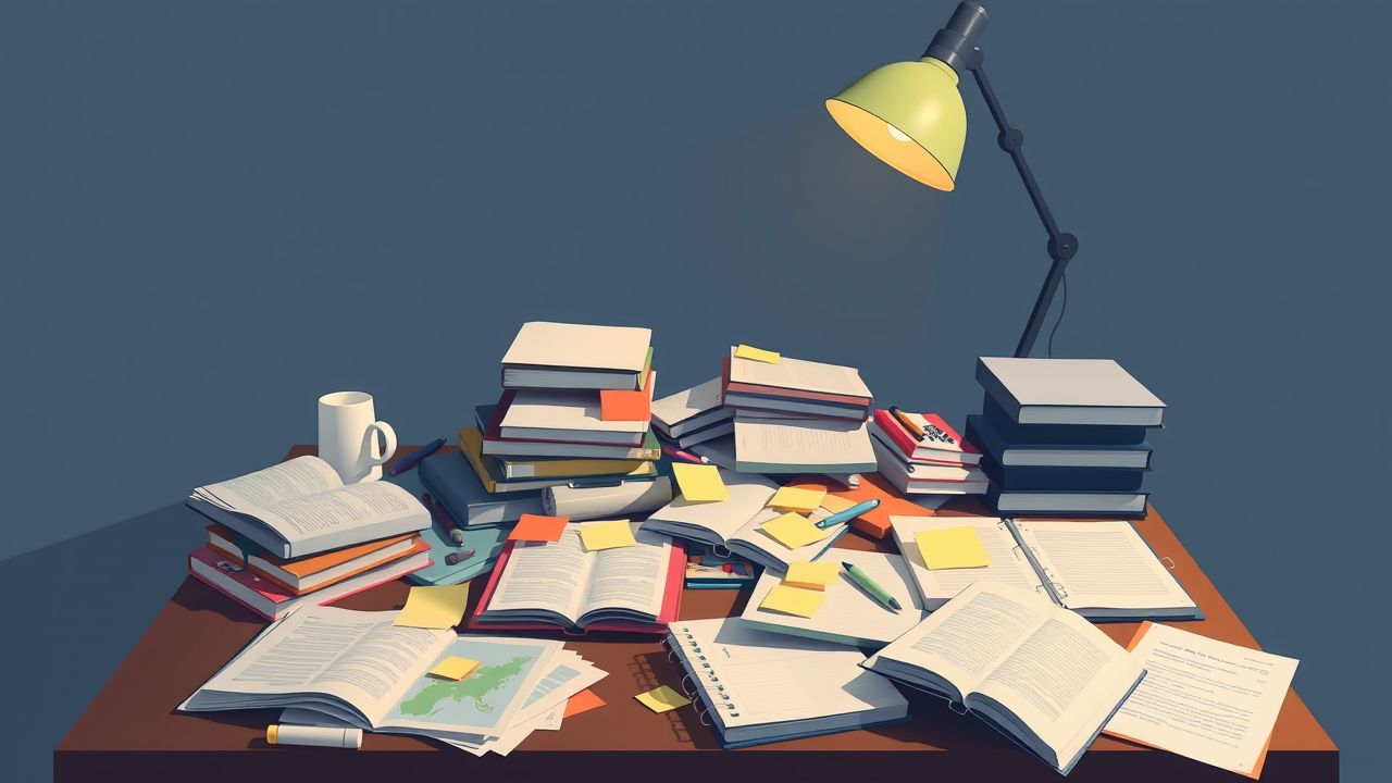 Een rommelig bureau met studiematerialen in een gezellige studeerkamer. Een rommelig bureau met studiematerialen in een gezellige studeerkamer.