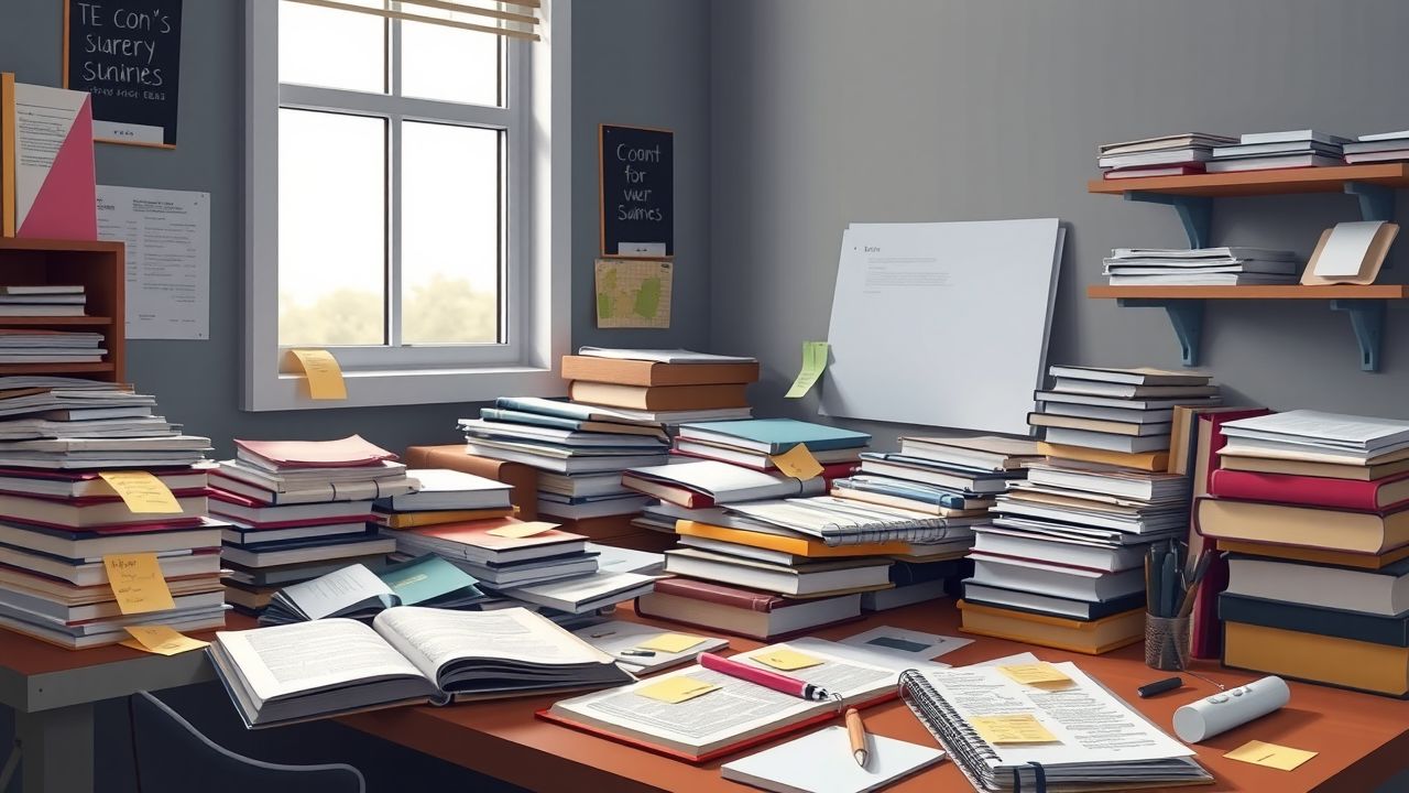 Een rommelig bureau met studiemateriaal en de noodzaak van planning.