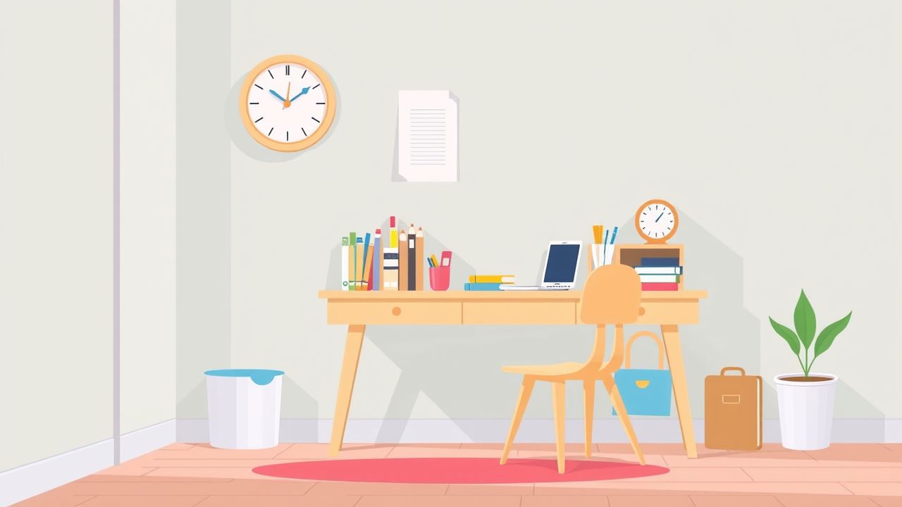 Een opgeruimde en gezellige kinderwerkruimte met schoolspullen en een klok. Een opgeruimde en gezellige kinderwerkruimte met schoolspullen en een klok.