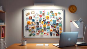 Een kleurrijk magnetisch bord met diverse taakmagneten in een georganiseerde thuiskantooromgeving.