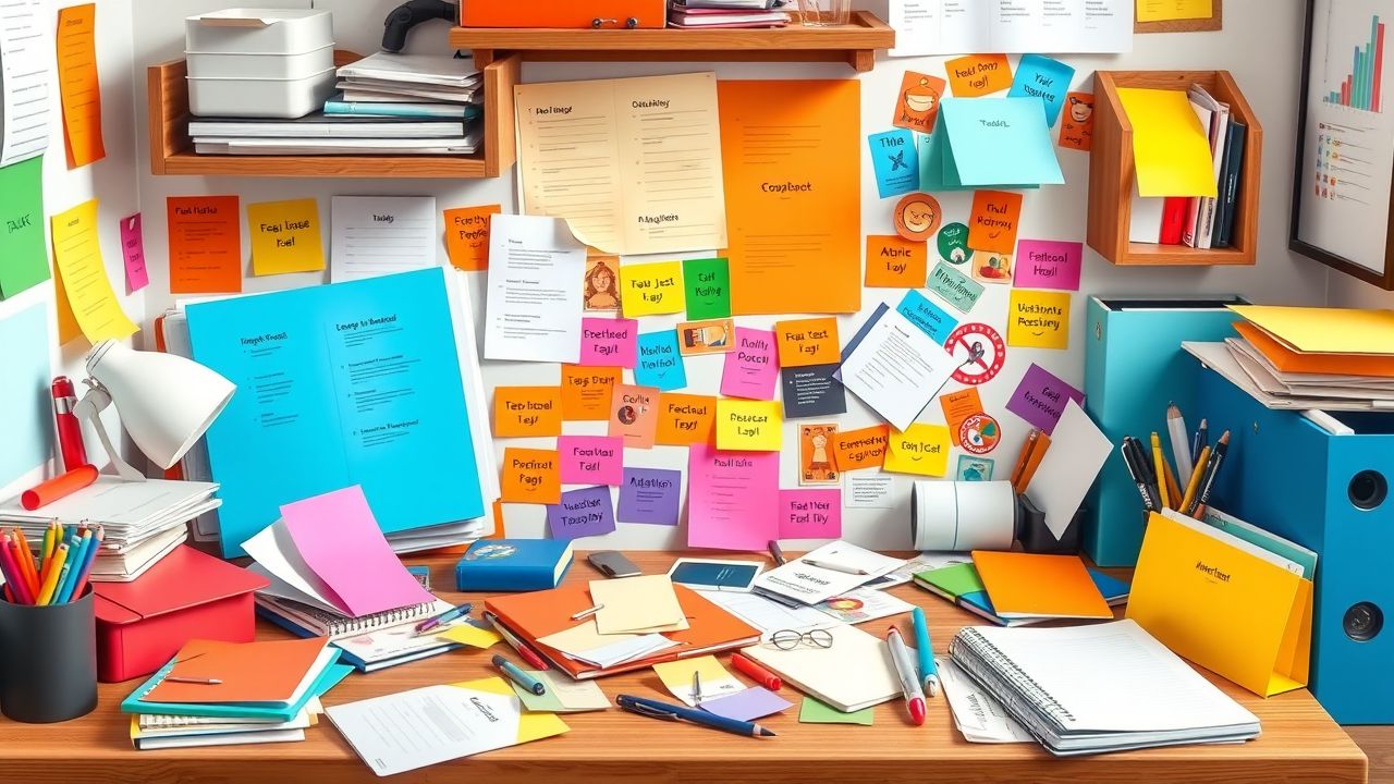 Een rommelig bureau met kleurrijke stickers en kantoorbenodigdheden.