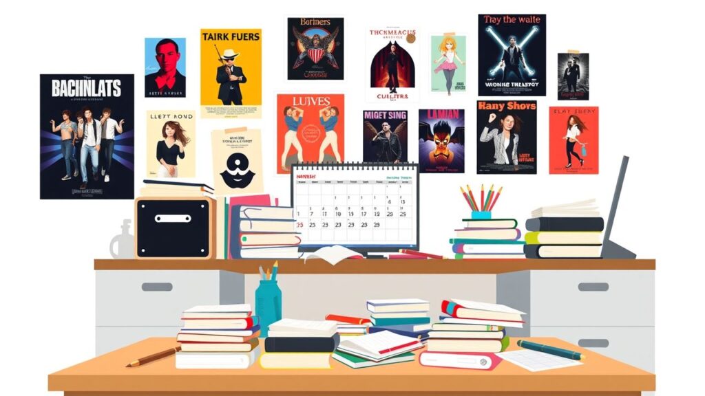 Een rommelig bureau in een tienerkamer met schoolspullen en posters.