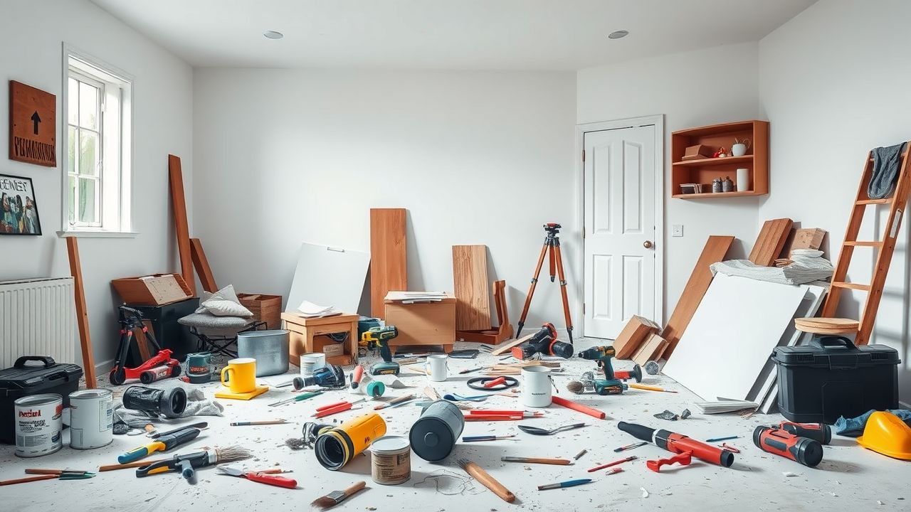 Een rommelige kamer met ongeorganiseerde renovatieprojectbenodigdheden.