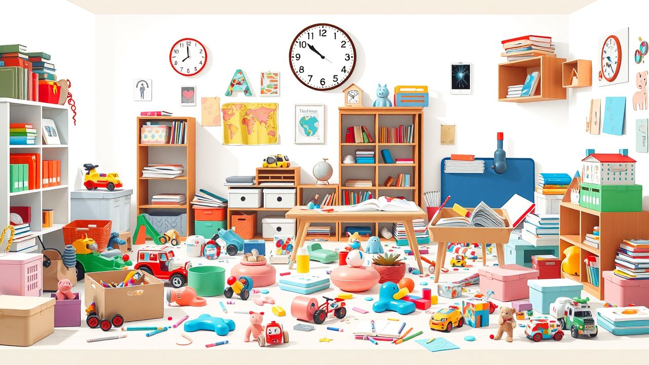 Een rommelige kinderopvang met speelgoed en knutselspullen overal verspreid. Een rommelige kinderopvang met speelgoed en knutselspullen overal verspreid.