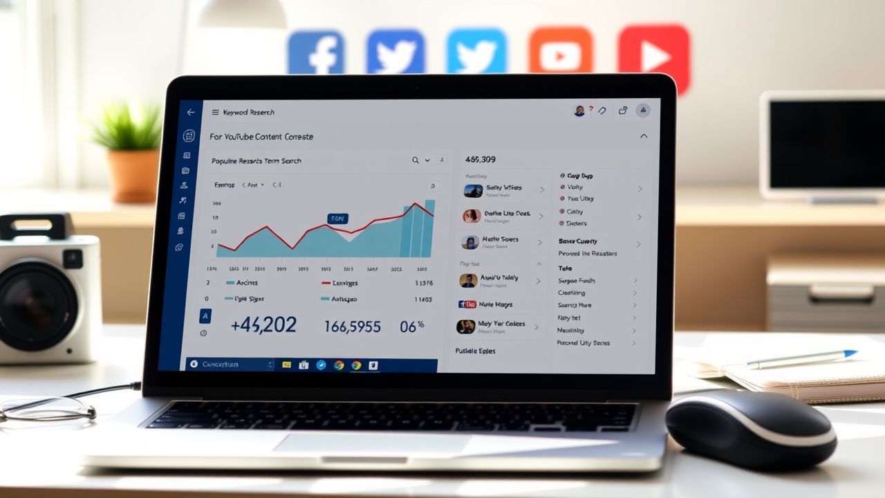 Een laptop toont een keyword research tool voor YouTube content. Een laptop toont een keyword research tool voor YouTube content.