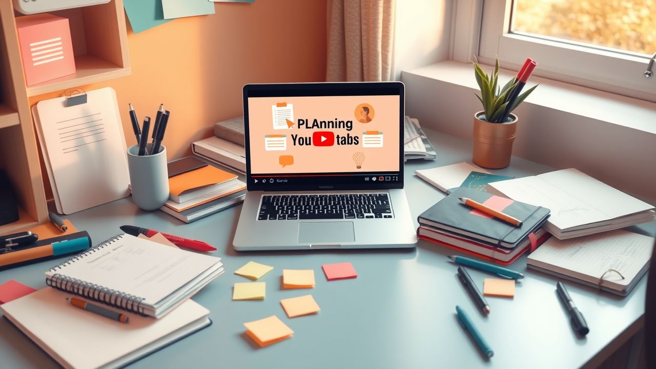 Een rommelig bureau met laptop, notitieboeken en pennen.