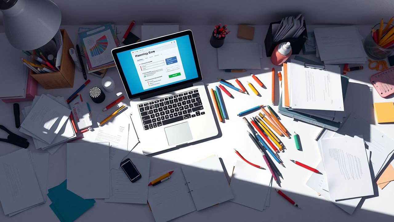 Een rommelige bureau met open laptop en kantoorbenodigdheden.