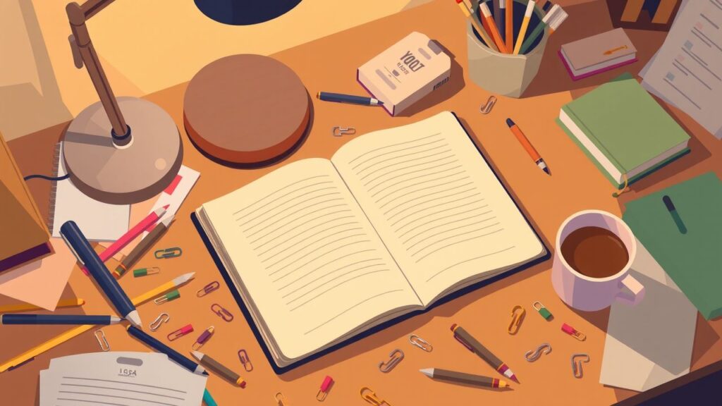 Een rommelig bureau met een open notitieboek en kantoorbenodigdheden.