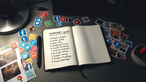 Een open notitieboek met SMART-doelen en sociale media-iconen op een bureau.