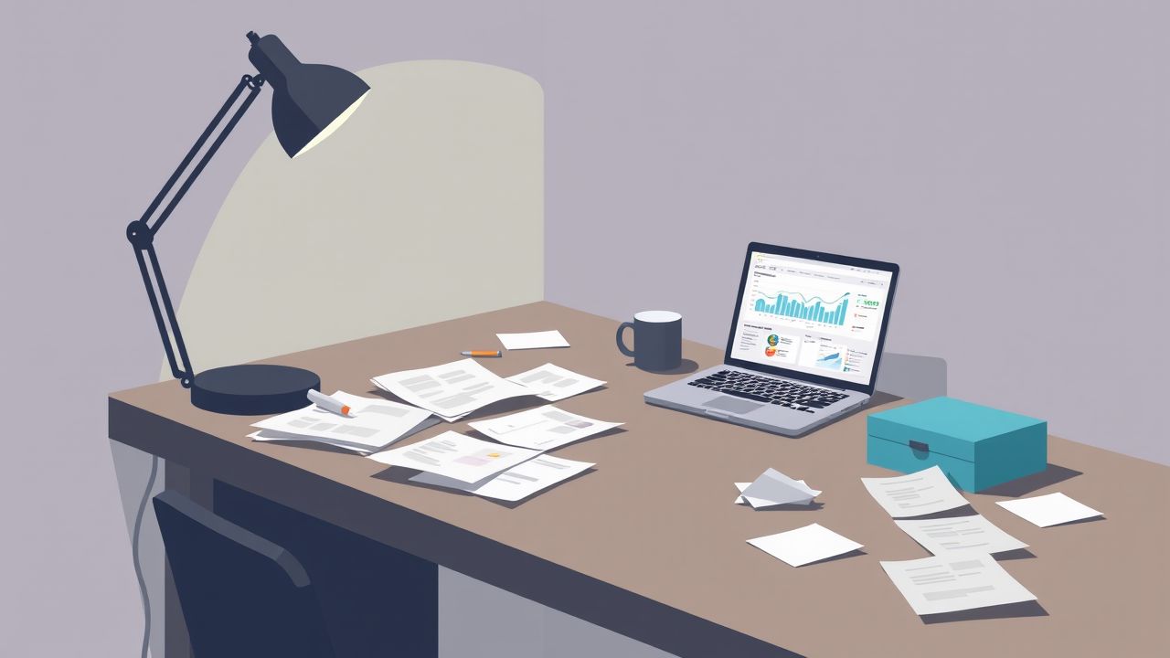 Een rommelig bureau met verspreide papieren en een open laptop.
