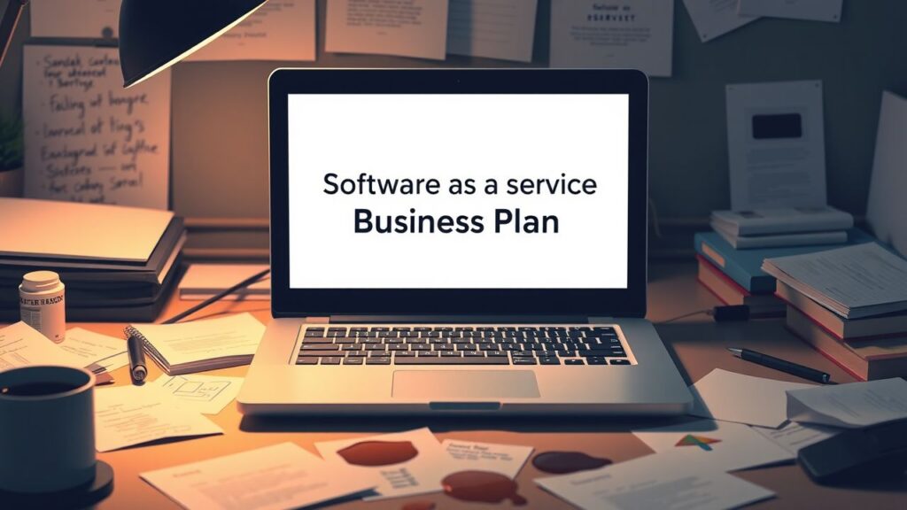 Een rommelig thuiskantoor met een laptop en een zakelijk plan.