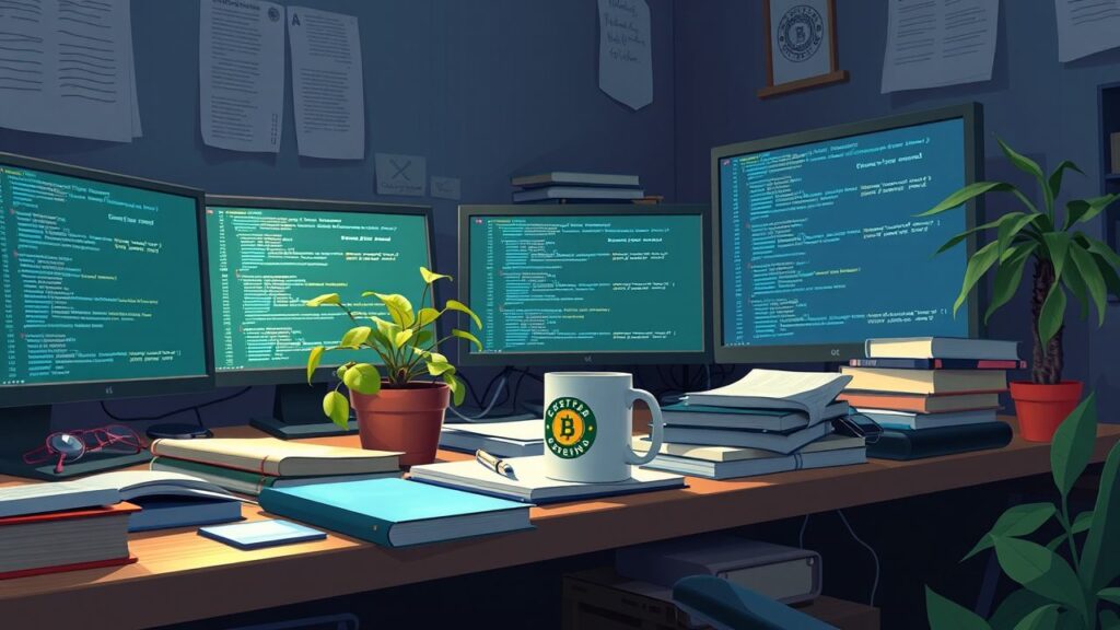 Een rommelig bureau met computerschermen, boeken en koffiemok.