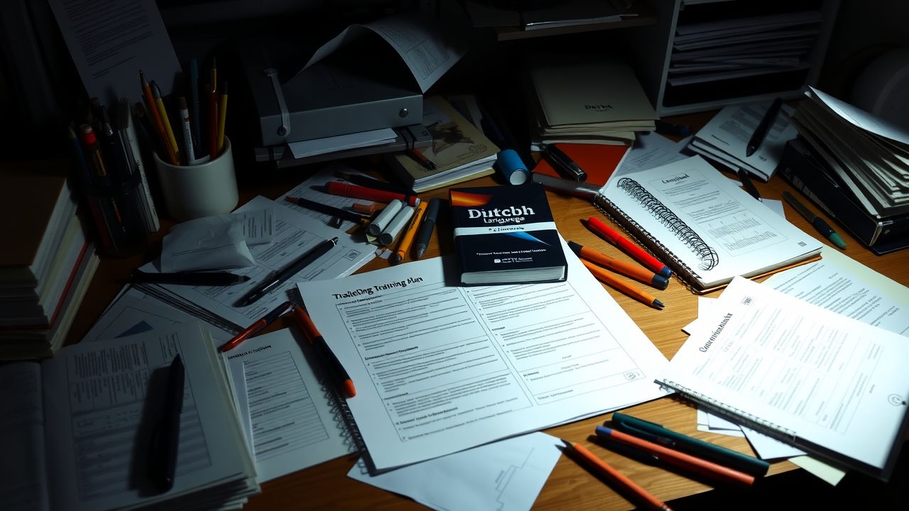 Een rommelig bureau met een Nederlandse taal tekstboek en schrijfspullen.