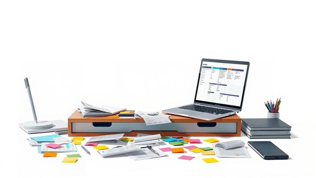 Een rommelig bureau met laptop en projectplanning.