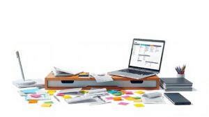 Een rommelig bureau met laptop en projectplanning.