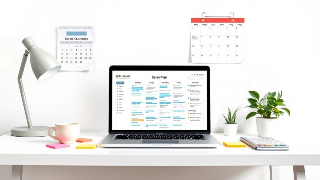 Een opgeruimd bureau met laptop, salesplan, kalender en koffie.